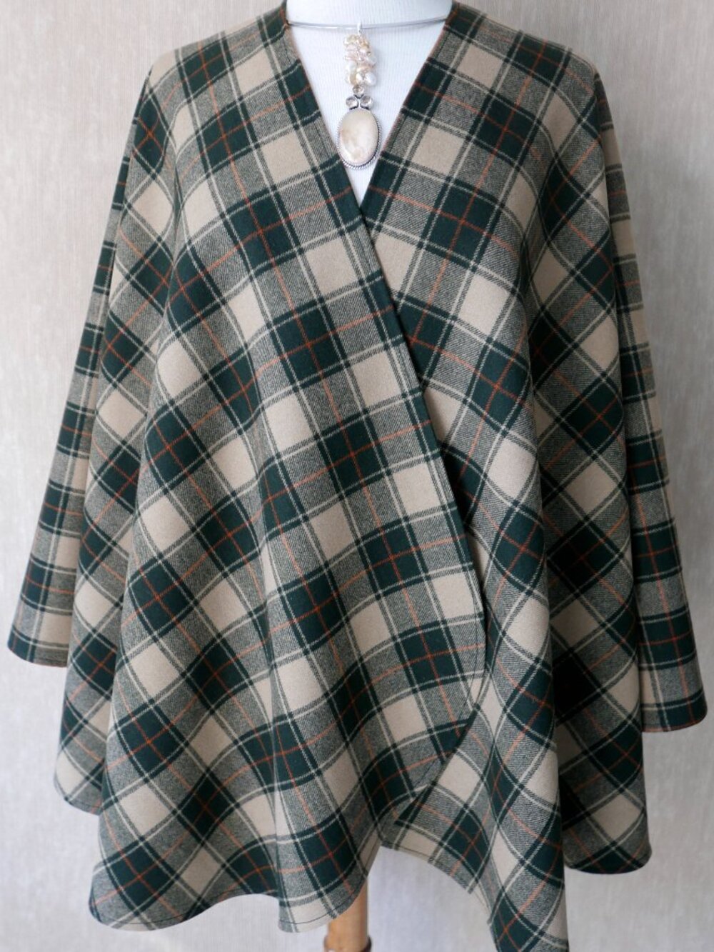 Wool Cape Boho Poncho Women, Camel Black Plaid